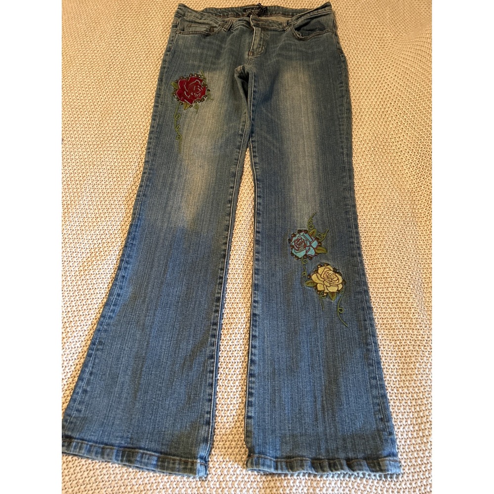 Clash Jeans USA S 11 Blue Denim Flare Jeans Embroidered Roses Vintage Y2K #112